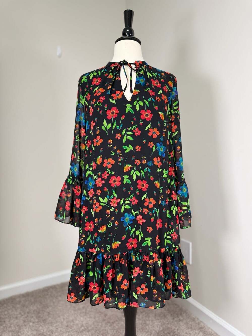 Calvin Klein Floral Print Tie Neck Bell Sleeve Shift Dress Witchy Boho